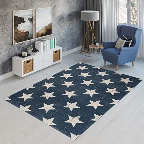 TAPISO Canvas Modern Teppich Kurzflor | Designer Jugendteppich Dunkelblau Creme mit Geometrisch Stern Muster | Perfekt für Jugendzimmer Kinderzimmer | ÖKOTEX 200 x 290 cm