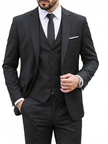MY'S Men's 3 Piece Suit Set with Tie, One Button Slim Fit Solid Jacket Vest Pants, Prom Party Wedding Business Suits for Men, Black Medium