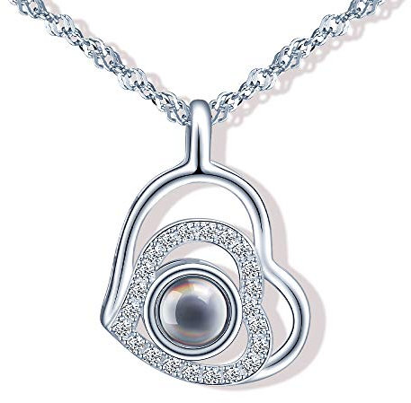 Yumilok Kette Damen Halskette Doppel Herz 100 Sprachen Ich Liebe Dich Hochzeits 925 Sterling Silber mit Anhänger Zirkonia Geschenk für Mama Frau Freundin