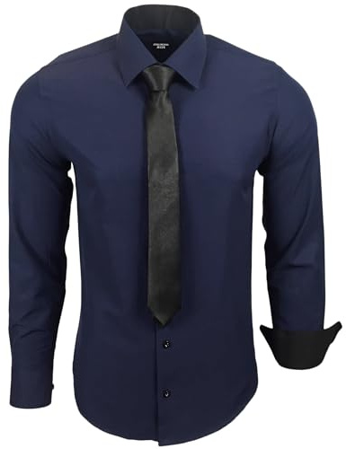 Subliminal Mode - Chemise Homme Manches Longues Col Bicolore Uni + Cravate Noir Chemise Coupe Ajusté Business Repassage Facile RN77 Bleu Marine S