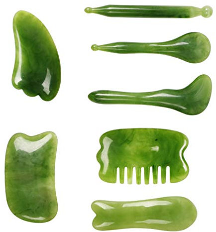 FRCOLOR 1 Set von 7Pcs Natürliche Guasha Brett Schaben Massage Werkzeug Set Jade Stein Gua- Sha Board für Gesichts Massage Werkzeuge (Grün)