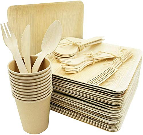 Box and Tree| 125 Pièces Vaisselle Jetable en Palmier 25x Assiettes, 75 Couverts en bois bambou -25 Gobelets