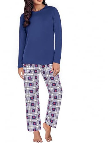 Uniexcosm Pyjama Femme Coton Long Hiver Carreaux Col Ronde Manches Longues avec Poches Latérales Bleu Foncé S