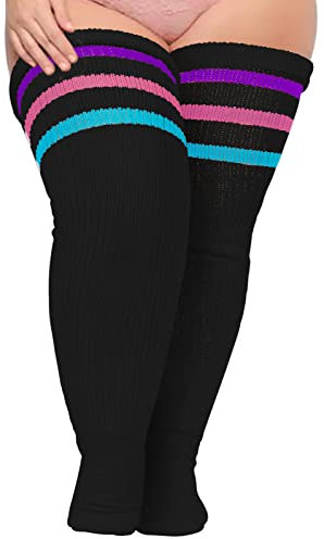 Moon Wood Damen Kniestrümpfe Extra Lange Overknees Strümpfe Thigh High Socken Soft Thermo Leg Warmers Plus Size,Schwarz & Regenbogen