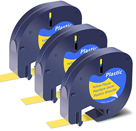 Cruxer Kompatible Etikettenband Ersatz 91202 S0721620 Schwarz auf Gelb 12 mm x 4 m Ersatz für Dymo Letratag Band LT-100H LT-110T QX50 XR XM 2000 Plus Etikettenhersteller, 3 Stück