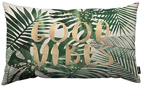TKS MITLAN Good Vibes Gold Word Kissenbezüge, 30,5 x 50,8 cm, grüne Palmenblätter, tropische Dschungelpalmenblätter, dekorative Kissenbezüge für Zuhause, Sofa, Couch, Dekoration