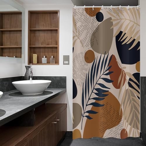 Abstract - Tenda da doccia con foglie, 120 x 180 cm, ASDCXZ Mid Century Boho Palm marrone, minimalista, lavabile, in poliestere, impermeabile, per vasca da bagno con 12 ganci