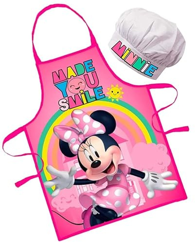 Sorrisini Delantal Infantil y Gorro de Cocinero Ajustable para Niños Minnie Mouse, Mandil Niña, Delantal y Sombrero para Cocinar, Hornear, Pintar, Free-Time