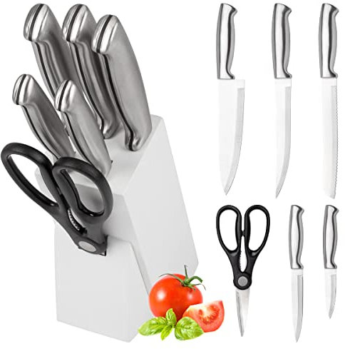 classbach Messerblock mit Messer - 7 tlg. | Messer Set inkl. Küchenschere | Küchenmesser Set mit Klingen aus rostfreiem Stahl | Set aus 5x scharfe Messer + Schere für Küche | C-MBS 4018 weiß