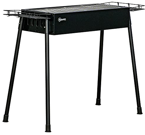Outsunny Barbacoa de Carbón con 2 Parrillas de Acero Inoxidable Barbacoa Portátil con 2 Especieros para Acampar Picnic Camping Jardín 94x39x70 cm Negro