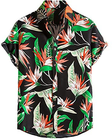 MMOOVV Floral Shirt Men Tropical Casual Short Sleeve Printed Beach Shirt Button Down Shirt Tie Set Men, black, XX-Large