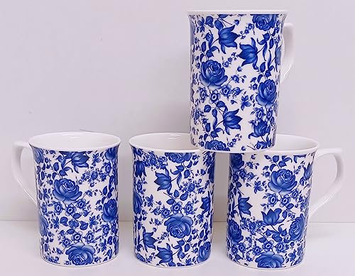 Rainbow Decors Delft Blue Mugs Set 4 Flowers Floral 10.5fl oz 300 ml Windsor Cups Hand Decorated UK