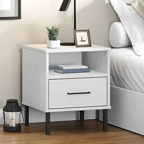 ZEYUAN Nachttisch Oslo mit Metallbeinen, Nachtschrank, Nachtkonsole, Bedside Tables, Beistellschrank, Nachtkästchen, Nightstand, Nachtkommode, Weiß Massivholz Kiefer