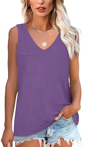 NONSAR Maglietta senza maniche da donna, basic estiva, elastica, con scollo a V, casual, con tasca, comoda, viola., L