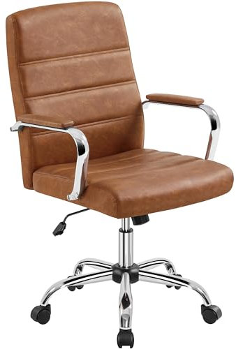 Yaheetech Office Chair PU Leather Computer Desk Executive Chair Height Adjustable Swivel, with Arms and Back Support for Home Study Work, Retro Brown