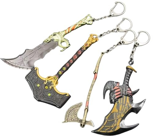 junweideyi GOW Keychain (4 Pcs) - Kratos, Blades of Chaos, Leviathan Axe, Guardian Shield, Gifts for Men, Teens, Gamers, Cosplayers