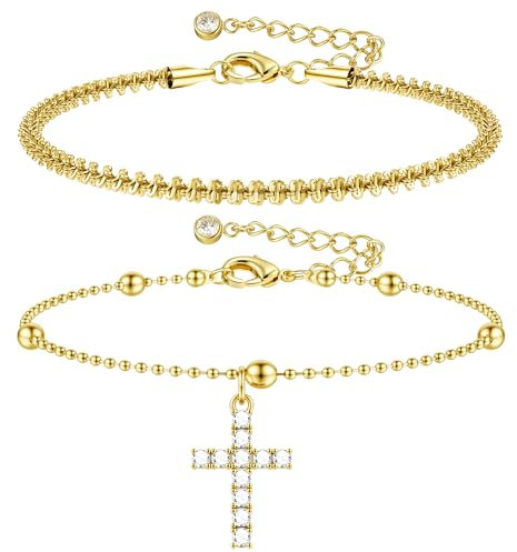 Dochais 14K Gold Kreuz Armband Damen, Verstellbares Silber Passende Liebe Freundschaftsarmband, Geschenk zum Geburtstag, Jugendweihe - Perfekt für Frauen, Mädchen und Freundin