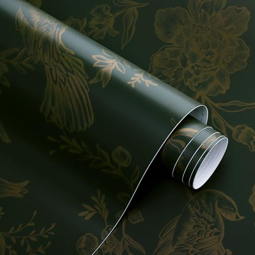 CiCiwind Self Adhesive Wallpaper Green Gold Floral Contact Paper 44×300CM Peel and Stick Wallpaper Waterproof Sticky Back Plastic Flower Bird Stick on Wallpaper for Living Room Bedroom Wall Cabinet