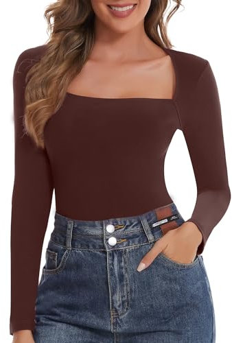 SHAPERIN Women’s Long Sleeve Tops Square Neck Top Plain Casual Shirts Base Layer Ribbed Tee Brown 1# S