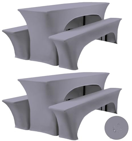 Zwei 3er-Set wasserdicht Biertischhussen 220 x 50 x 70 cm, hussen wasserdicht bierzeltgarnitur, hellgrau, Stretch-Bezüge für Biertisch- und Bankgarnituren, Spandex-Bierzeltgarnitur für Bankett