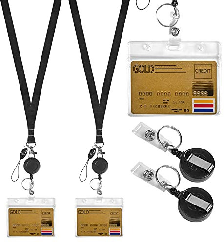 2 Stück Ausweishüllen mit Retractable Schlüssel, ID Kartenhalter mit Extra Starker Feder und Reißfester Schnur Gürtelclip und Hartplastik Ausweishalter Wasserdicht Ausweishüllen für ID Badge Schwarz
