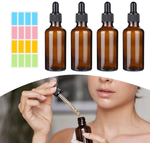 Flacon Compte Gouttes,Bouteille Compte Goutte,Flacon Compte Goutte Vide,pour Huile Essentielle (50ml-4pcs+autocollant)