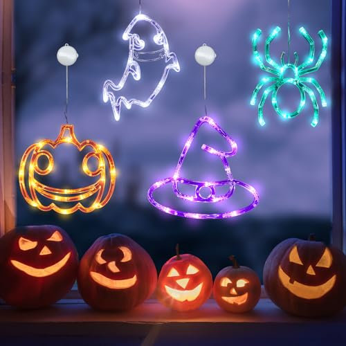 Halloween Fenster Lichter, Lichterkette Mit Saugnäpfe & Haken, LED Fensterlichter Batteriebetriebene für Deko Innen, Fensterdeko, Party (4er Set)