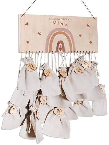 Bärenfreunde® - Personalisierter Adventskalender zum selber befüllen - mit kinderfreundlichem Druck auf Holz - mit Juteschnur Jutesäckchen und Holzzahlen (Regenbogen Sterne)