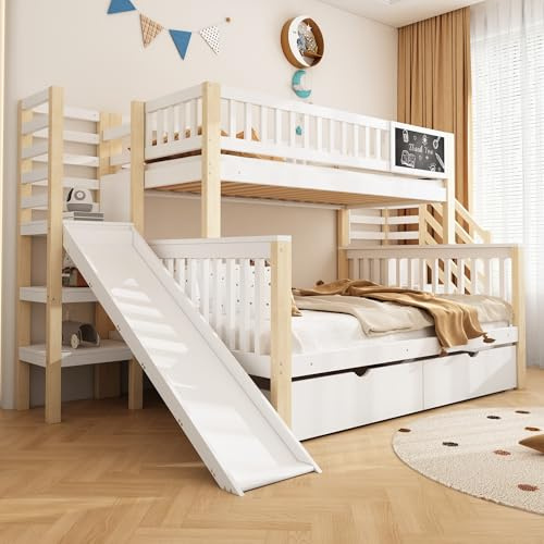 Azkoeesy Letto a Castello per Bambini con Scivolo, scala portaoggetti, 2 cassetti e lavagnetta, design modulare, parapetto sicurezza e doghe, struttura in pino, bianco e naturale, 140x200+90x200 cm