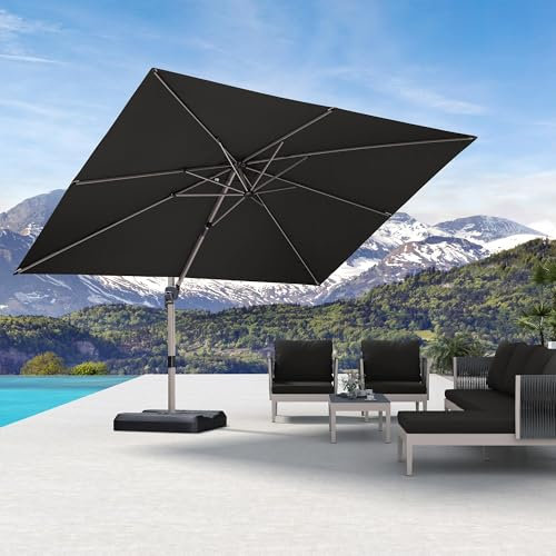 PURPLE LEAF Parasol Déporté 2,7 x 3,5 m Rectangulaire, Toit à Rotatif 360°, Protection UPF 50+, Parasol De Jardin Extérieur avec Poteau Champagne Suspendu en Aluminium, Pour Terrasse, Gris acier