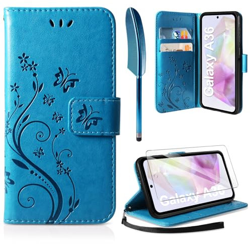 AROYI Lederhülle Kompatibel mit Samsung Galaxy A36 5G Hülle und Schutzfolie, Flip Wallet Handyhülle PU Leder Case Kartensteckplätzen Schutzhülle Kompatibel mit Samsung Galaxy A36 5G Blau