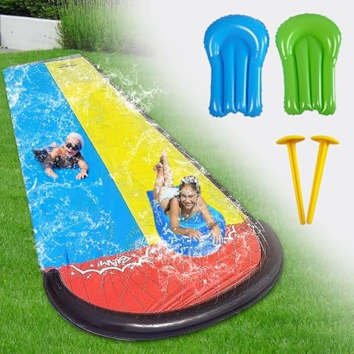KQWVZ 15.3ft/468cm Water Slides and 2 Bodyboards, Lawn Water Slides with Sprinkler, Slip And Slide Water Slide For Kids, Garden Water Slide, for Kids Adults Outdoor Water Play Activities