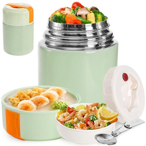 Thermobehälter für Essen 800ml – Auslaufsichere Edelstahl Thermoschüssel mit Deckel & Löffel, Thermo Lunchbox für Suppe, Babybrei & Porridge, Warmhaltebehälter für Unterwegs (Grün-800ml)