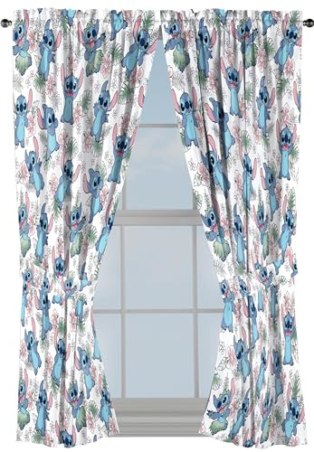 Jay Franco Fenstervorhänge für Kinderzimmer, 4-teiliges Drapier-Set mit 2 Raffhaltern, mehrfarbig – Lilo & Stitch, 106,7 cm B x 160 cm L (2 Stück)