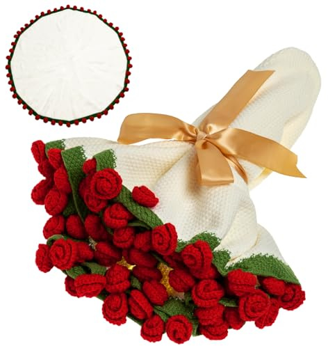 EIGHTOWN Häkeldecke mit Rosenstrauß, handgefertigt, gestrickt, Heimdekoration, ideales Geschenk für Mutter, Muttertag, Geburtstag, Valentinstag, 109 cm, rote Rose