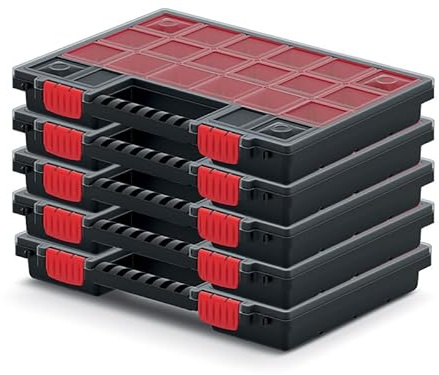 PECZEKO Sortimentskasten mit herausnehmbaren roten Fächern ideal für Kleinteile, Werkzeug und Organisation Kunststoff (5er-Set) 35cm