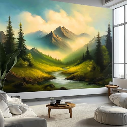 Poster Geant Mural 3D, Style Peinture À L'Huile Panoramique Peinture Murale Interieur Forêt De Montagne Arbres Verts pour Salon Chambre à Coucher D'Enfant Maison Décoration Murale Poster 250 x 175 cm