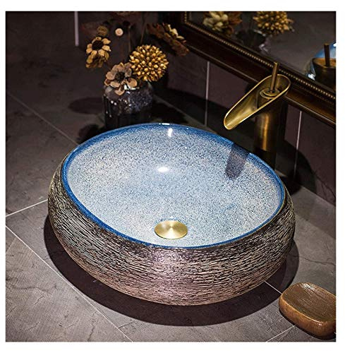 AYCDL Vanity Unit with Basin,Bathroom Basin s Sink Countertop Basin, Countertop Wash Basin Ceramic Sink Bowl Gloss Blue Oval Sink Washbasin Vintage Curved Design
