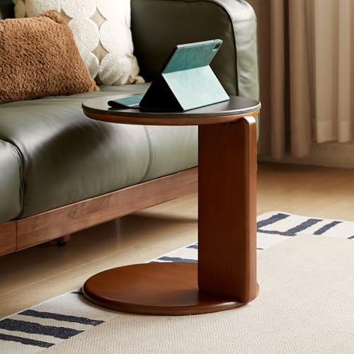 YESWOOD C-förmiger Beistelltisch 45 cm, Keramik Sinterstein Tischplatte, Massivholz Sofatisch aus Tulpenbaum, Couch Beistelltisch für Laptop, Schwarz