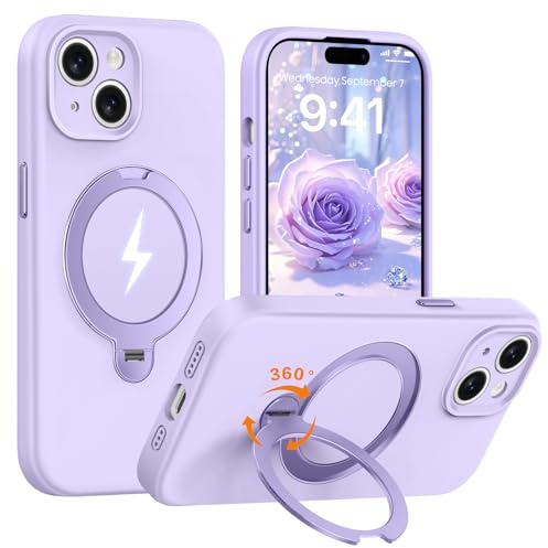 AurySharled 360° Magnet Ständer für iPhone 15 Hülle, Helllila | Upgraded Kameraschutz, Mil-Grade Drop Shockproof stoßfeste Weiches Anti-Scratch Mikrofaserfutter, Liquid Silicone Hülle