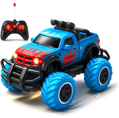 Toyana Remote Control Cars for Kids, 2.4 GHz Mini RC Monster Truck, Durable Stunt Car with 4 Functions, Indoor Outdoor, On-Road Off-Road Remote Controlled Car Gift for Children 3+ Years - Blue
