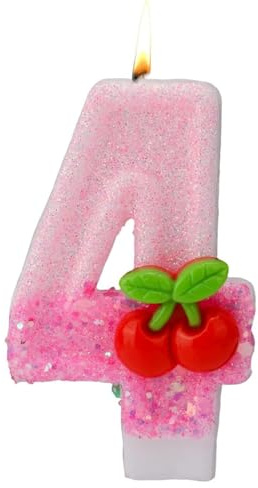 Zahlenkerze 4 mit Kirsche & Pailletten - Rosa Geburtstagskerze für Frauen & Mädchen - Torten- & Cupcake Deko für Jubiläum & Geburtstagsparty