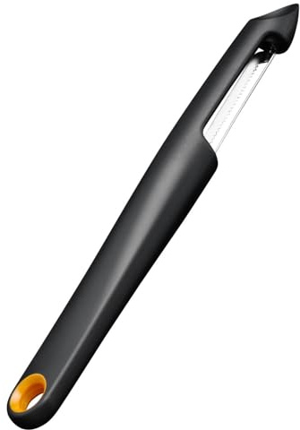 Fiskars Functional Form Fruchtschäler mit beweglicher Klinge | Spezialschäler für Tomaten und Kiwis, Gezahnte Klinge, Edelstahl-Klinge/Kunststoff-Griff, Schwarz/Orange, 1079961