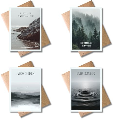 WBdesignz 4er-Set Trauerkarten mit Umschlägen - Einfühlsame Kondolenzkarten für Todesfall, Beerdigung, Beileidsbekundung - für Verlust, Abschied, Anteilnahme, Trauer, Erinnerung - Naturmotive (DIN A6)