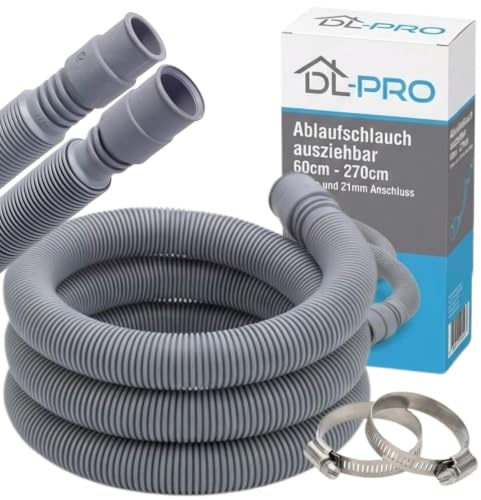 DL-PRO Ablaufschlauch ausziehbar 60-270cm | 19mm & 21mm Anschluss | Waschmaschine Geschirrspüler | inkl. 2 Edelstahl-Schlauchschellen | Temperaturbeständig bis 100°C