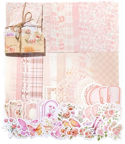 NOPVUFA 100 Stück Scrapbook Zubehör Set, Vintage Scrapbooking Aufkleber und Papier für Journaling, Rosa Blumen Sticker Set für Bullet Journal Zubehör, DIY Basteln Planer Album Collage Kunsthandwerk