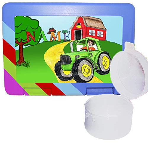 Maus-Design Kinder Brotdose mit separater Obstdose Name mit Schriftartwahl/Farbwahl Brotbox + Schriftwahl für Name (Traktor)