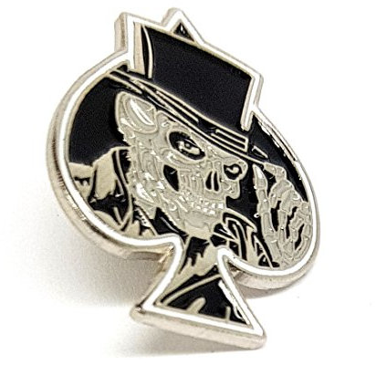 Gothic-Totenkopf-Brosche mit schwarzem Hut, Pik-Ass, Metall und Emaille