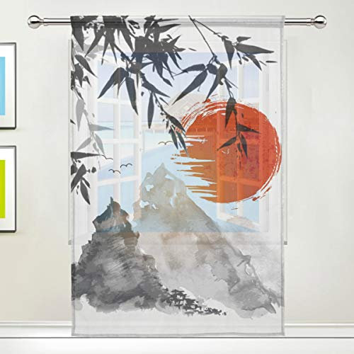CPYang Durchsichtiger Vorhang, traditionelles japanisches Gemälde, Voile, Fenstervorhang für Wohnzimmer, Schlafzimmer, Tür, Küche, 140 x 198 cm, 1 Panel