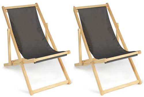 IDMarket - Set von 2 Liegestühlen klappbar Chilienne Holz Leinwand grau Anthrazit
